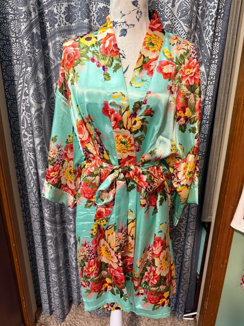 Floral Satin Kimono Robe in Aqua Mint(xl)